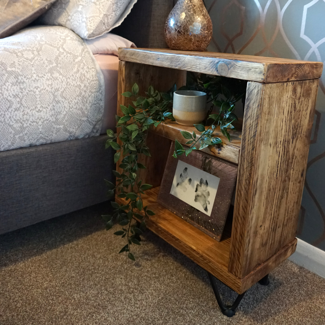 Homemade Rustic Bedside Table | Farmhouse Bedside Table | Side Table | Hairpin Table | Bedside Table | Reclaimed Bedside Table